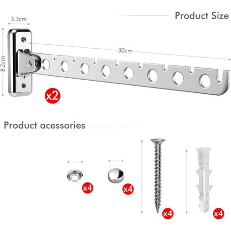 Lot de 2 Étendoirs Muraux Rabattables en Acier Inoxydable,Vêtements Pliable Mural, avec Vis et Chevilles, pour Chambre Salon Balcon(Sliver 8 Trous)..DEBUNS