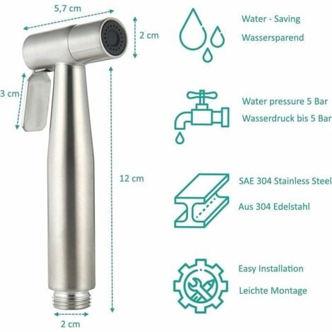Kit Bidet WC avec Douchette - Pulverisateur Bidet a Main- Pomme de Douche Toilette avec Tuyau + Support en Inox + 2 Joint..DEBUNS
