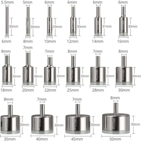 Scies-cloches 16 pcs, Foret Diamant Scie Cloche 6-50 mm Outils de perçage en verre trous scies kit pour acier au carbone, perceuse en verre, céramique, porcelaine, carrelage, marbre..DEBUNS