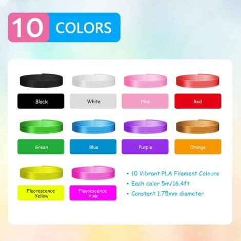 Fil Stylo 3D, Recharges de Filament Pla 1.75 pour Stylo 3D, 10 couleurs, 5M Chacun, 3D Pen Filament pour Enfants et Adulte, Compatibles avec le Stylo D'impression 3D Professionnel,de DEBUNS