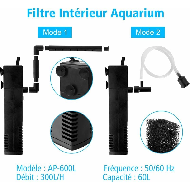 3 W Filtre Intérieur pour Aquarium, 20L-60L Réglable Pompe Filtre Interne  avec Éponges Filtrantes, Utilisation