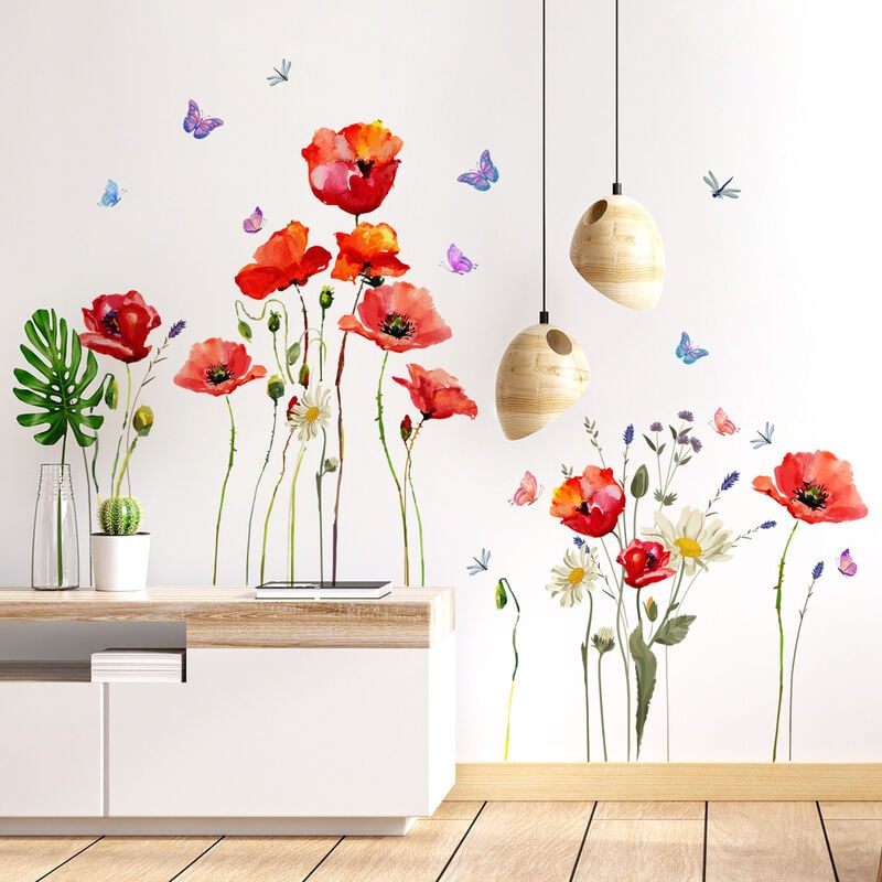 Wallpark Rouge Pavot Coquelicot Fleur Papillons et Libellules Stickers  Muraux Autocollants, Salon Chambre Maison DIY Décoratif Adhésif Stickers  Mural : : Bricolage