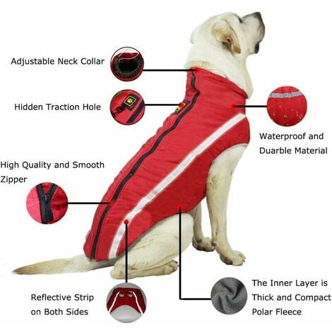 Ahlsen Manteau Imperméable pour Chien Veste Chaude d'hiver Vêtements de Chiot Coupe-Vent Gilet Réfléchissant pour Taille Petit Moyen Grand Chiens - Doublure en Polaire, avec Trou pour Harnais, Rouge(3