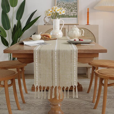 Ahlsen Chemin de table en lin rustique avec pompon fait à la main, style  ferme, 160cm
