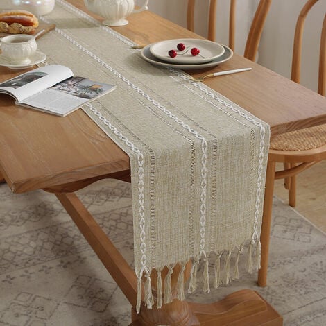 Ahlsen Chemin de table en lin rustique avec pompon fait à la main, style ferme, 160cm de long, pour décoration de fête et de salle à manger, 160x33cm