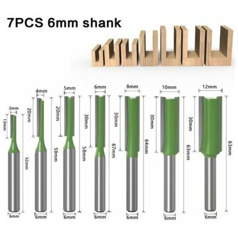 6mm Fraise défonceuse droite, 7 pièces Mèches de routeur droites Fraise à tranchants droits Jeu de mors droits Outils de travail du bois de fraise en bois de carburateur