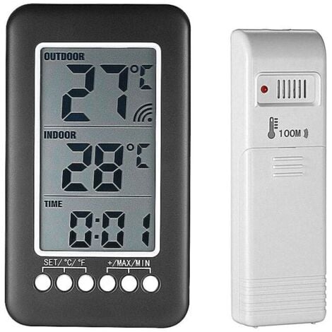 Thermomètre digital sans fil - intérieur/extérieur - coloris noir - avec  horloge