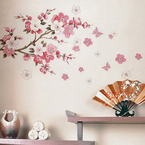 Dww-stickers Muraux Fleurs De Cerisier Avec Papillons Rose Rouge (30x90 Cm)  Sakura Vigne Floral Branche Arbre Autocollant Sticker Mural Pour Salon Ch