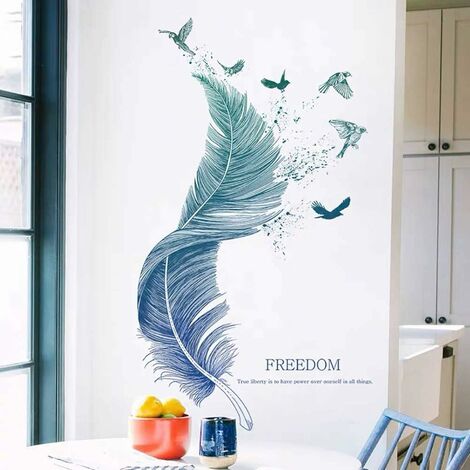Stickers muraux PLUME en bleu (124×72 cm) I décoratifs sticker mural  Oiseaux Poster moderne