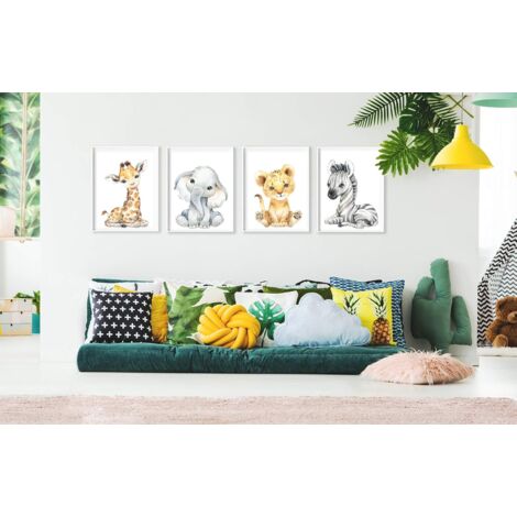 Ahlsen Lot de 4 Affiches Chambre Bébé - Format A4 Tigre & Girafe Zèbre, Décor Garçon & Fille, 2130cm.