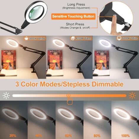 Ahlsen Loupe avec lumière et support, lampe de bureau loupe 8X en verre véritable 2 en 1 et clip, commande tactile 3 modes LED loupe lumineuse à intensité variable en continu pour réparation à la main