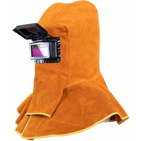 Ahlsen Casque de soudage à capuchon de soudeur en cuir de vachette avec équipement de protection pour le cou et les épaules, capuchons de soudage Casque de soudage avec filtre à assombrissement automa