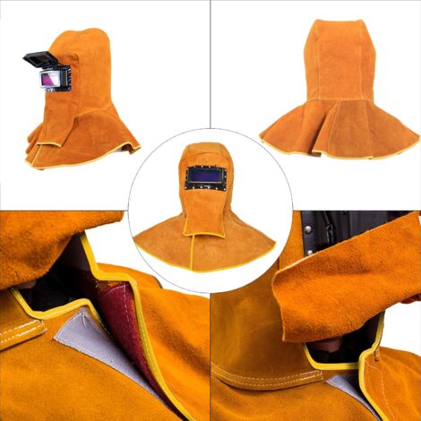 Ahlsen Casque de soudage à capuchon de soudeur en cuir de vachette avec équipement de protection pour le cou et les épaules, capuchons de soudage Casque de soudage avec filtre à assombrissement automa