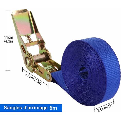 FISHTEC Sangles d'Arrimage avec Crochet 25mm - 2 pieces - Enrouleur  Automatique - Longueur 180 cm - Sangle a Cliquet Serrage - Poid Rupture :  640 Kg