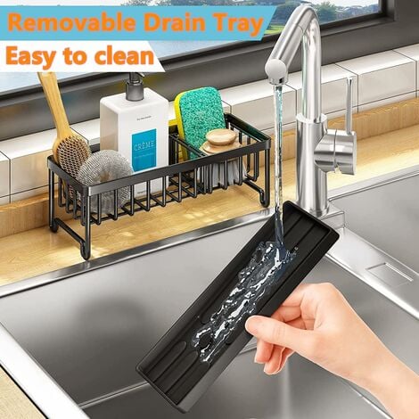 Ahlsen Rangement Cuisine Support Evier 304 Acier Inoxydable Porte Eponge evier Cuisine Multifonctionnel Organisateur evier Cuisine avec bac de vidange Automatique (Noir)