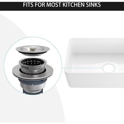 Ahlsen Kit de montage de bonde d'évier de cuisine avec panier de vidange d'évier de cuisine, bouchon d'évier et couvercle en acier inoxydable 304 3-1/2"