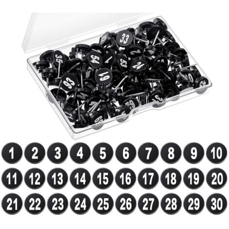 100 Punaises Numérotées Noires Avec Chiffres Blancs - De 1 à 100, Plastique Et Acier - Pour Tableaux, Organisation, Expositions
