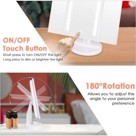 Ahlsen Miroir Maquillage LED, Miroir de Maquillage Lumineux à Trois Volets avec Écran Tactile, Miroir de Comptoir Cosmétique Rotation Réglable à 180°
