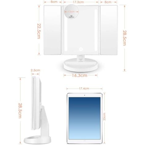 Ahlsen Miroir Maquillage LED, Miroir de Maquillage Lumineux à Trois Volets avec Écran Tactile, Miroir de Comptoir Cosmétique Rotation Réglable à 180°