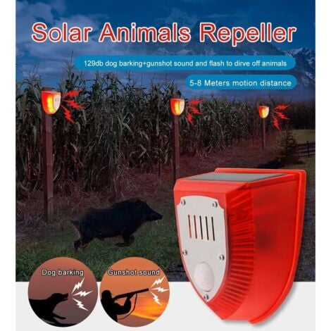 Ahlsen Solaire Son Alarme Lumière Imperméable 129dB Système d'alarme factice avec lumière clignotante, des sons de coups de feu et des effets sonores d'aboiements de chien (Rouge)