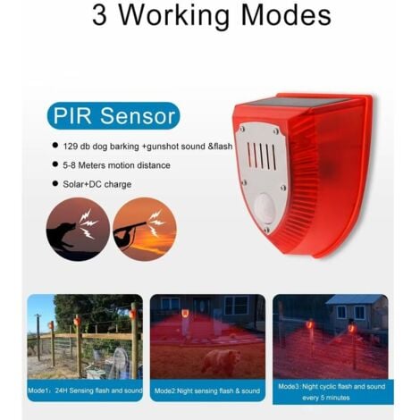 Ahlsen Solaire Son Alarme Lumière Imperméable 129dB Système d'alarme factice avec lumière clignotante, des sons de coups de feu et des effets sonores d'aboiements de chien (Rouge)