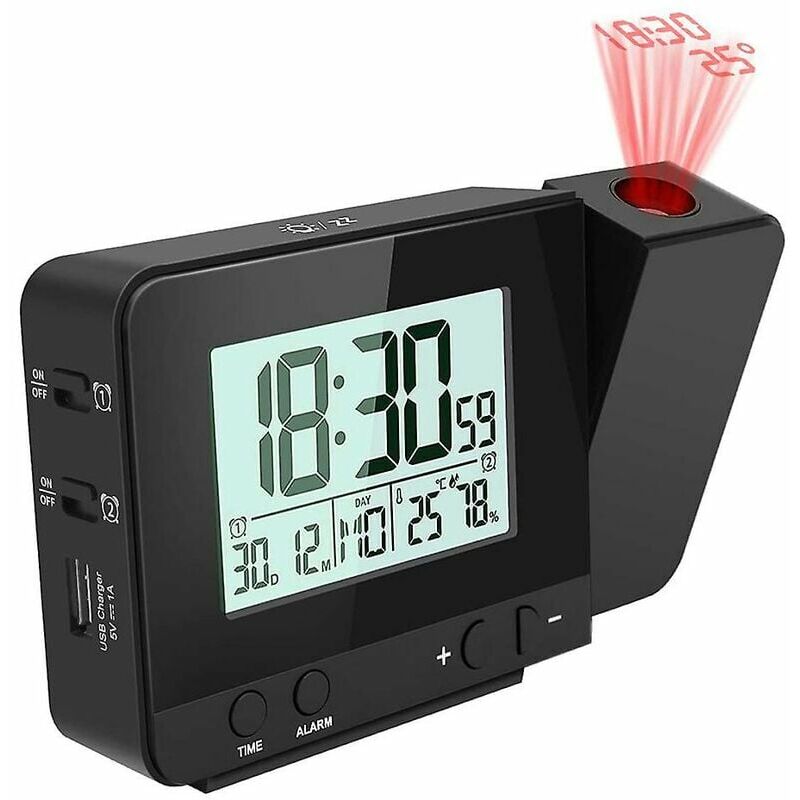 180° Arm Projection Digital Alarm Clock Temperature Humidity Night Mode Snooze 12/24H USB Powered Projector Table LED Clock - 15