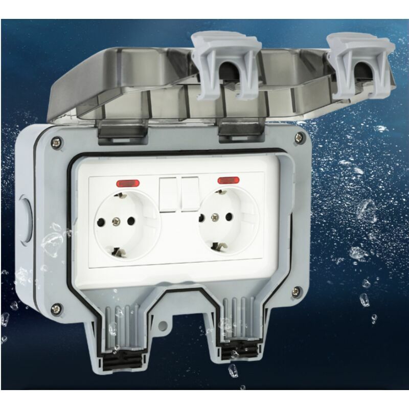 thumbnail image 2 of Double Outdoor Socket Waterproof Outside Plug Socket Weatherproof IP66 Wall Electrical Outlet 13Amp 2 Gang Storm Switched Power Box Grey 2 of 13