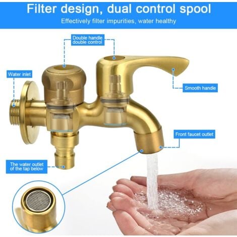 Double Tap 1/2" Garden Tap Brass Outdoor Tap Garden Anti-Frost Double Outlet Faucet Washing Machine Faucet Double Ball Drain Tap for Garden, Washing Machine