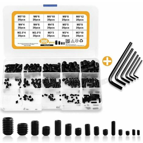 M2.5 M3 M4 M5 M6 M8 Hex Grub Screws Set Assortment Kit Carbon Steel Hexagon Socket Needle Screws with Hex Drive (300pcs, Black)