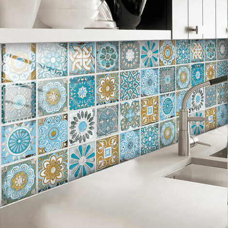 Tile stickers for bathroom and kitchen, pack of 30 wall stickers, self-adhesive tiles, mosaic decorative cement tiles, self-adhesive stickers for walls, tiles decor (10 x 10 cm)