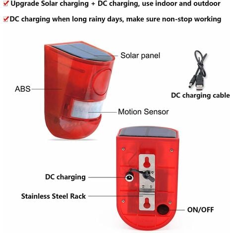 Solar Powered Sound and Light Alarm Motion Sensor 110 Decibel Siren Sound Alert and 6LED Flash Warning Strobe Security Alarm System for Farmhouse Villa