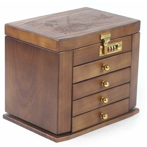 Carved Wooden Jewelry Box with Drawers with Mirror Lock (Dark Brown)