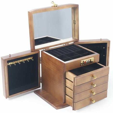 Carved Wooden Jewelry Box with Drawers with Mirror Lock (Dark Brown)