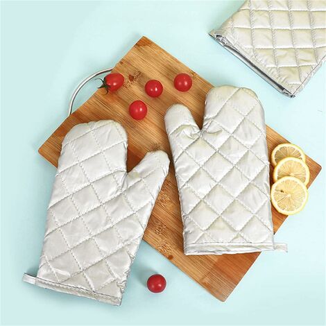 Oven Gloves, Waterproof Silver Plated Cloth Gloves, Double Sided Non-Slip Heat Resistant Oven Gloves for Grilling/Cooking/Baking/BBQ, 1 Pair Silver