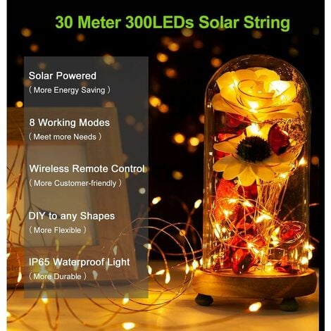 Outdoor Solar String Lights 30m 300 LED Remote Control with 8 Lighting Modes Waterproof Solar String Lights for Garden Patio Balcony Yard Christmas Tree Wedding Party