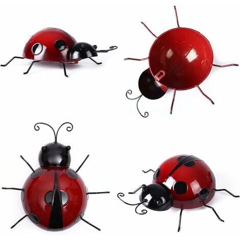 NTCL 4pcs Garden Decoration Ladybug Wall Sculpture Beetle Metal Fence Indoor Decor Balcony Rust Insect Home Decorations 3D Decor Insect Fences Red