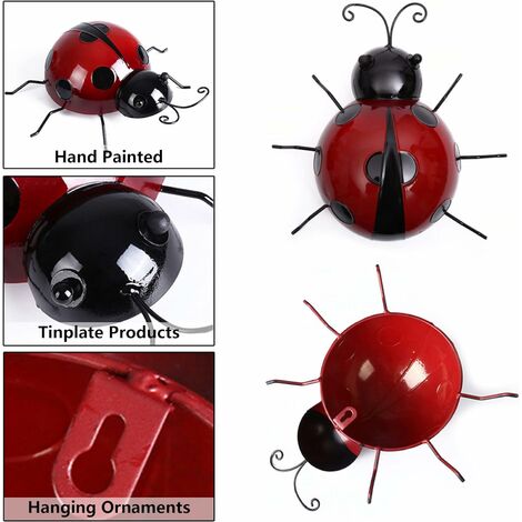 NTCL 4pcs Garden Decoration Ladybug Wall Sculpture Beetle Metal Fence Indoor Decor Balcony Rust Insect Home Decorations 3D Decor Insect Fences Red