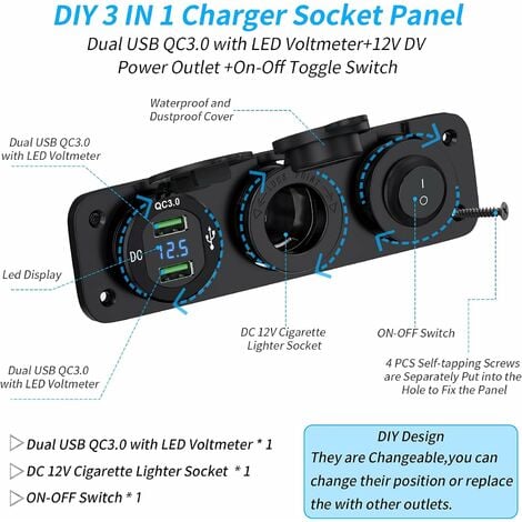 in 1 Charging Power Strip with 12V Socket, QC3.0 Dual USB Socket Charger, Illuminated Rocker Switch for Boats, Trailers, Cars, Buses