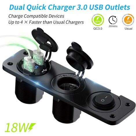 in 1 Charging Power Strip with 12V Socket, QC3.0 Dual USB Socket Charger, Illuminated Rocker Switch for Boats, Trailers, Cars, Buses