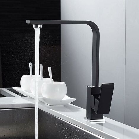 Kitchen Mixer Tap, Square Kitchen Faucet with High Spout - Kitchen Sink Mixer Tap - Brass (Black)