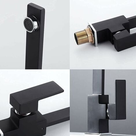 Kitchen Mixer Tap, Square Kitchen Faucet with High Spout - Kitchen Sink Mixer Tap - Brass (Black)