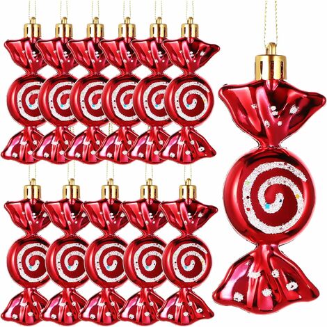 12 PCS Hanging Christmas Candy Ornaments Glitter Candy Cane Ornaments Christmas Tree Ornaments Candy Straps Gold Rope Christmas Party Decoration (Red)