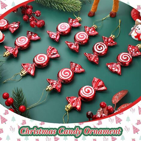 12 PCS Hanging Christmas Candy Ornaments Glitter Candy Cane Ornaments Christmas Tree Ornaments Candy Straps Gold Rope Christmas Party Decoration (Red)