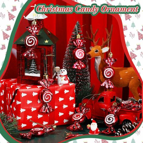 12 PCS Hanging Christmas Candy Ornaments Glitter Candy Cane Ornaments Christmas Tree Ornaments Candy Straps Gold Rope Christmas Party Decoration (Red)