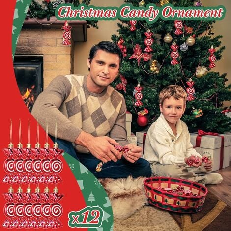 12 PCS Hanging Christmas Candy Ornaments Glitter Candy Cane Ornaments Christmas Tree Ornaments Candy Straps Gold Rope Christmas Party Decoration (Red)