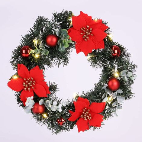 Imitation Red Christmas Door Wreath with LED Lights, Christmas Door Wreath, Door Hanging, Fireplace, Holiday, Indoor and Outdoor Wall Decor (40cm) (1/5)