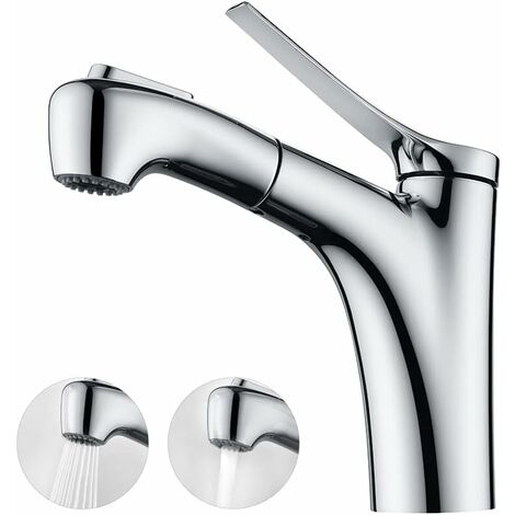Pull Out Bathroom Faucet with 2 Water Flow Modes Hand Shower Single Lever Basin Mixer - Chrome