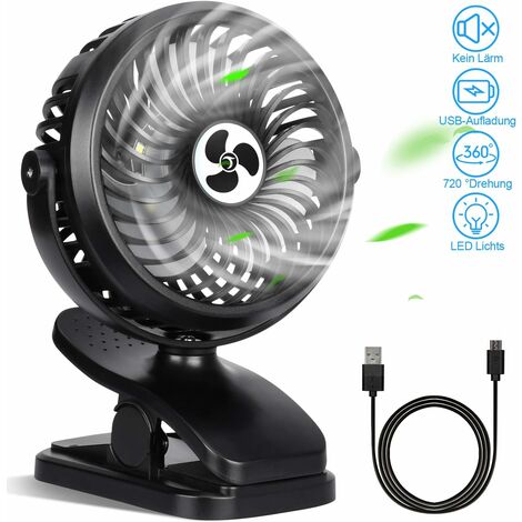 Clip Fan Mini USB Table Fan Quiet 720° Rotation 3 Speeds and Night Light 2000 mAh Battery 5V-2A for Offices, Strollers, Travel, etc., Black (1/5)
