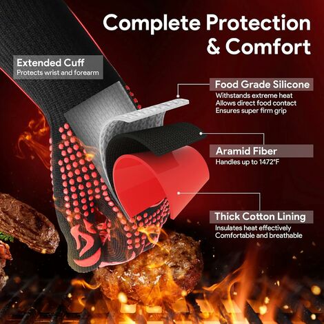 Barbecue Glove, Heat Resistant Gloves Up to 800°C Universal Kitchen Gloves Heat Resistant and Non-Slip Gloves for BBQ Grill Oven Kitchen and Fireplace [1 Pair] - Red