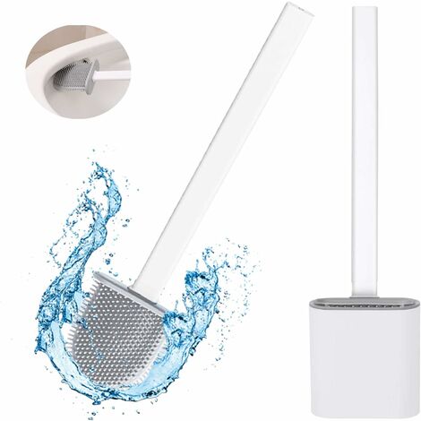 Silicone Toilet Brush, Bathroom Toilet Brush with Quick-Drying Holder, Can Stand or Hang (White)